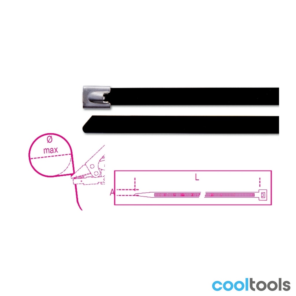 Beta 1748-SC | Zelfborgende roestvast stalen kabelbinders, zwarte polyester coating