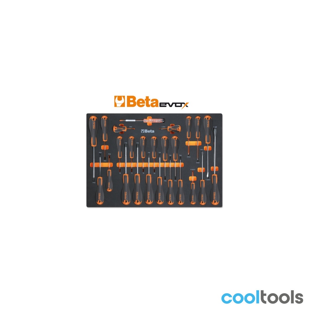 Beta MM210 | Foam inlegbak met Beta Evox schroevendraaiers voor sleuf, Phillips® en Torx® schroeven